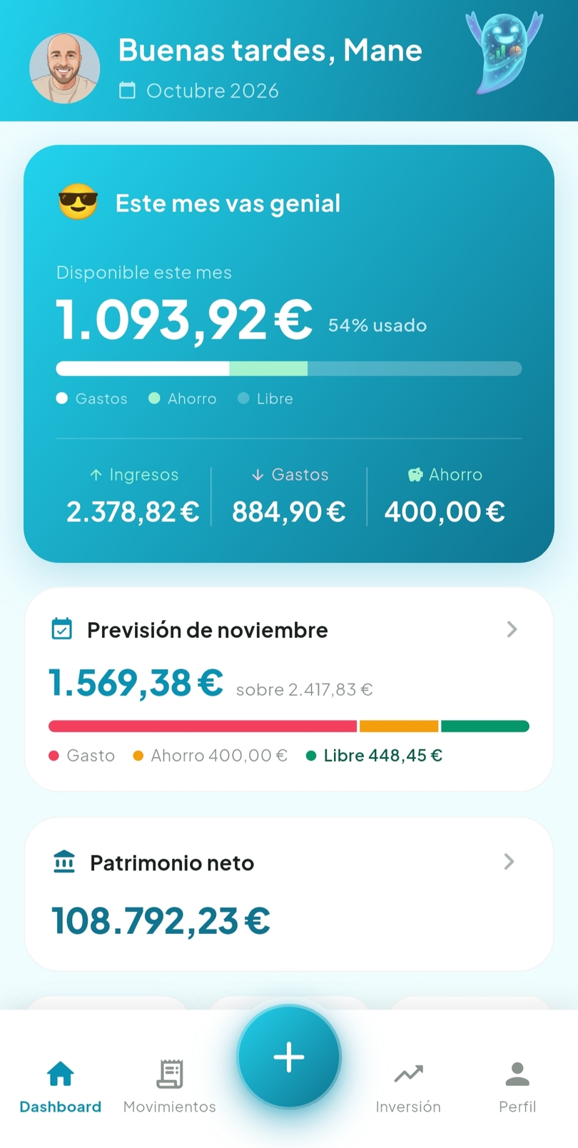 Pantalla principal de SmartFlow con el resumen del mes y el patrimonio neto